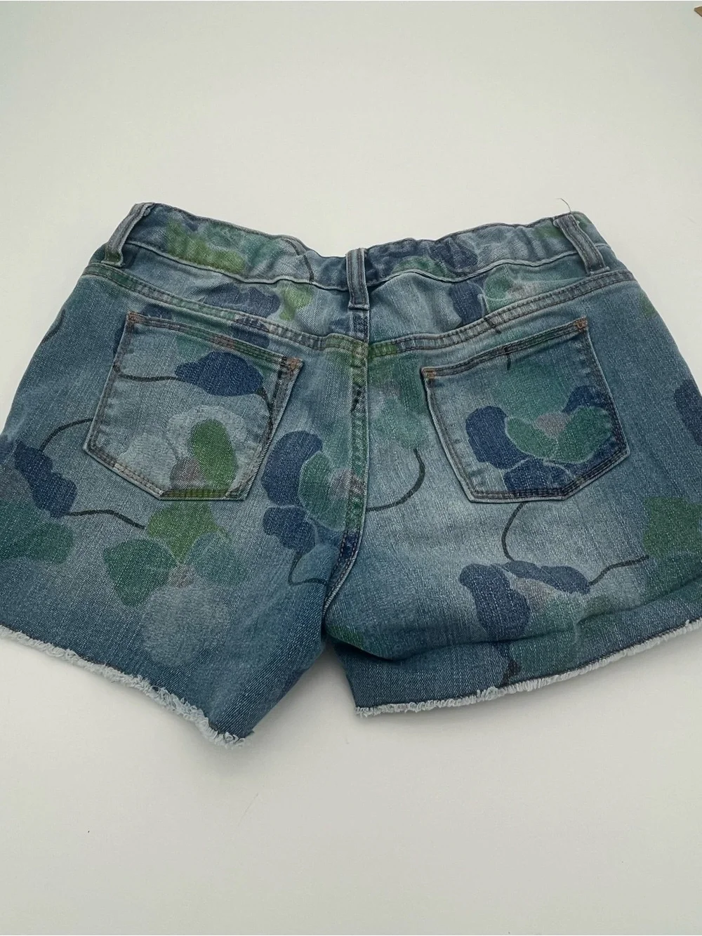 Old Navy Light Blue Denim Shorts w/ green floral design girls 14 adjustable